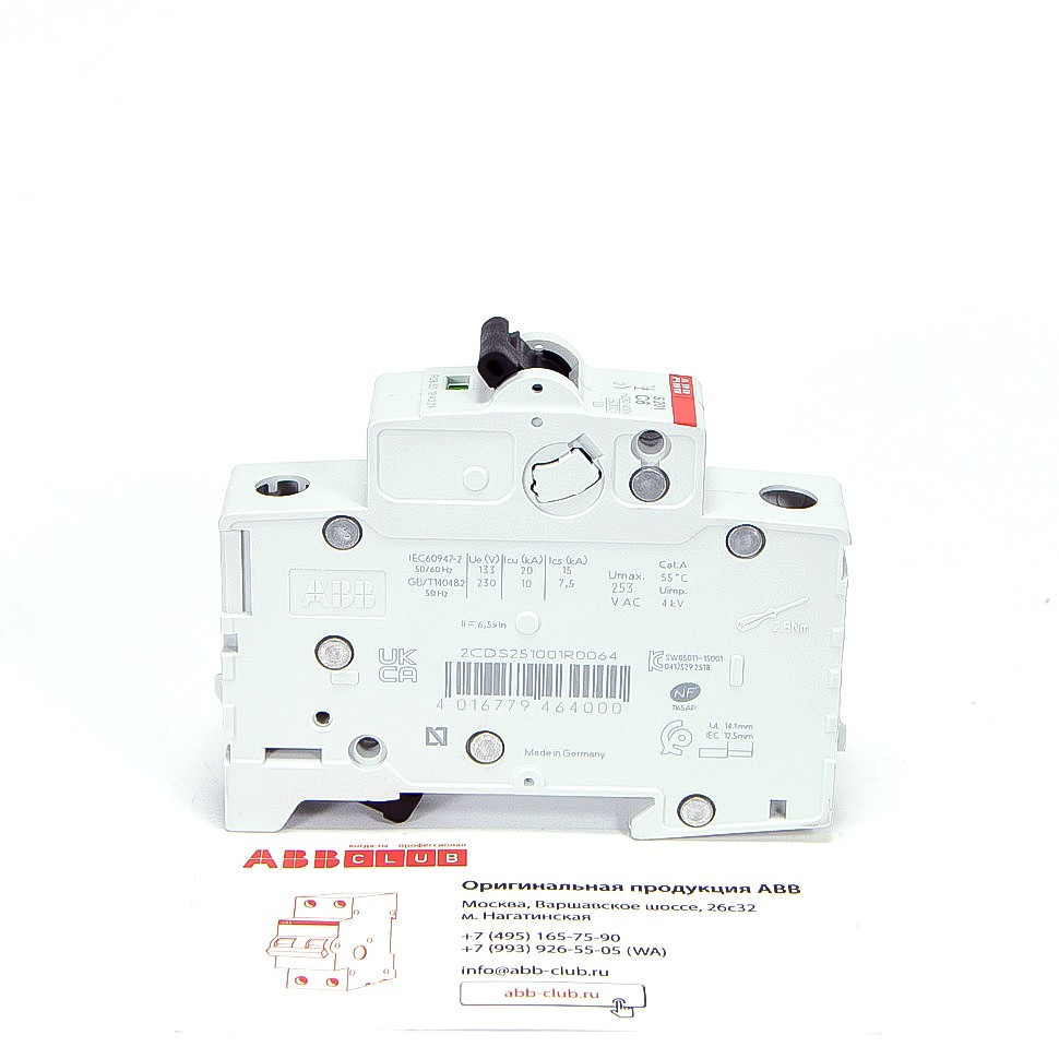 abb автоматический выключатель s201 (хар-ка c) 1p с6а 6ка 2cds251001r0064