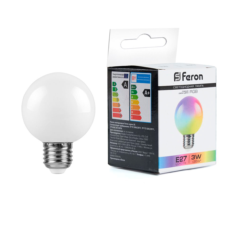Лампа светодиодная Feron LB-371 Шар матовый E27 3W RGB плавная сменая цвета