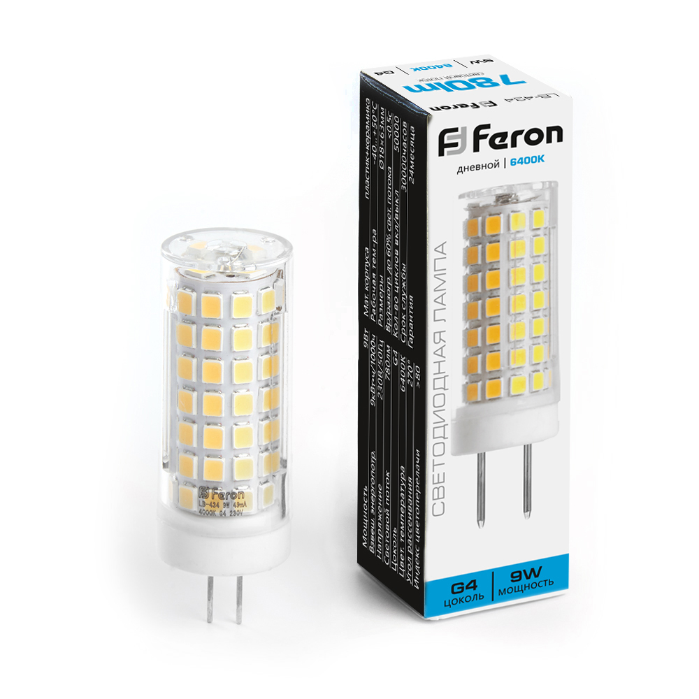 Лампа светодиодная LB-434 JCD G4 9W 175-230V 6400K кукуруза Feron