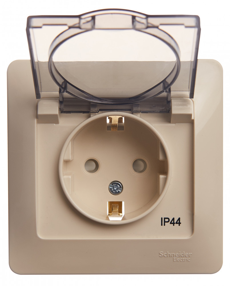 system electric glossa розетка 1-я с заземлением со шторками с крышкой ip44 бежевый