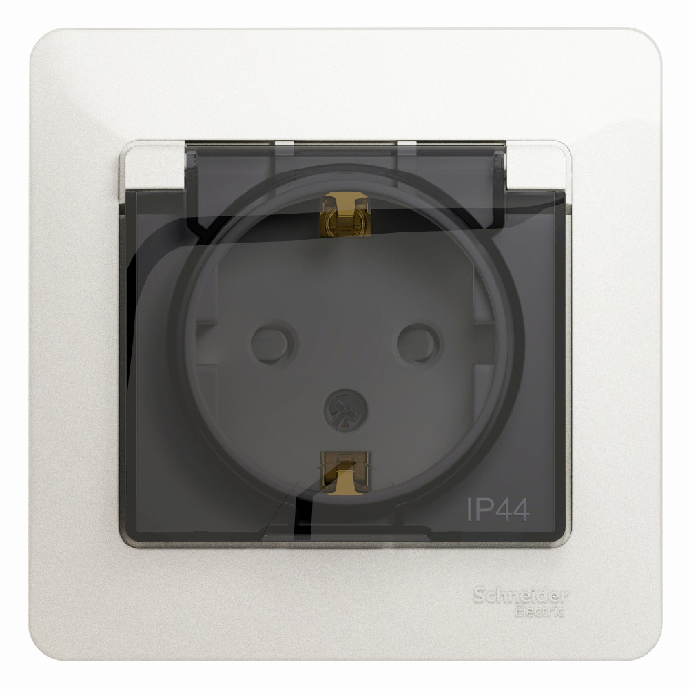 System Electric Glossa розетка 1-я с заземлением со шторками с дымчатой крышкой IP44 перламутр