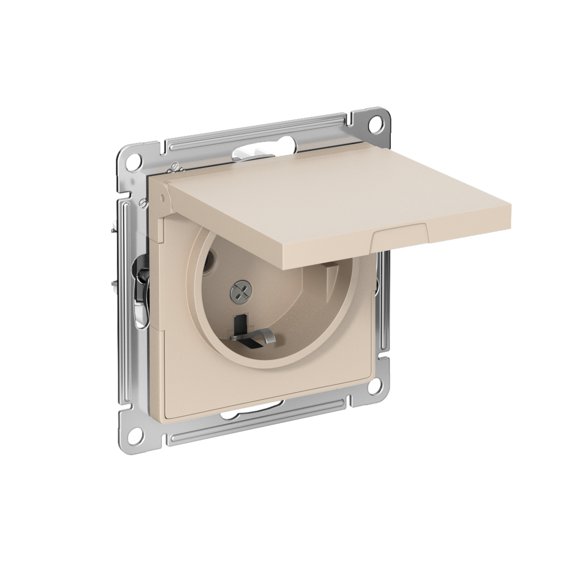 Systeme Electric ATLASDESIGN розетка 1-я с заземлением со шторками с крышкой IP20 песочный