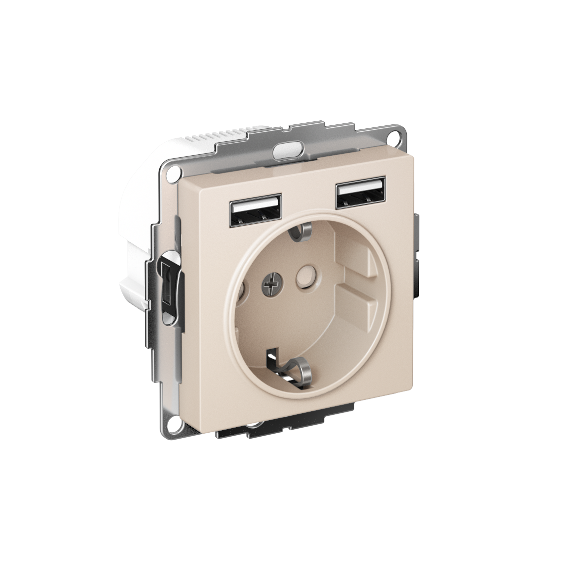 Systeme Electric ATLASDESIGN, Розетка с заземлением 16А с 2xUSB для зарядки бежевый ATN000230