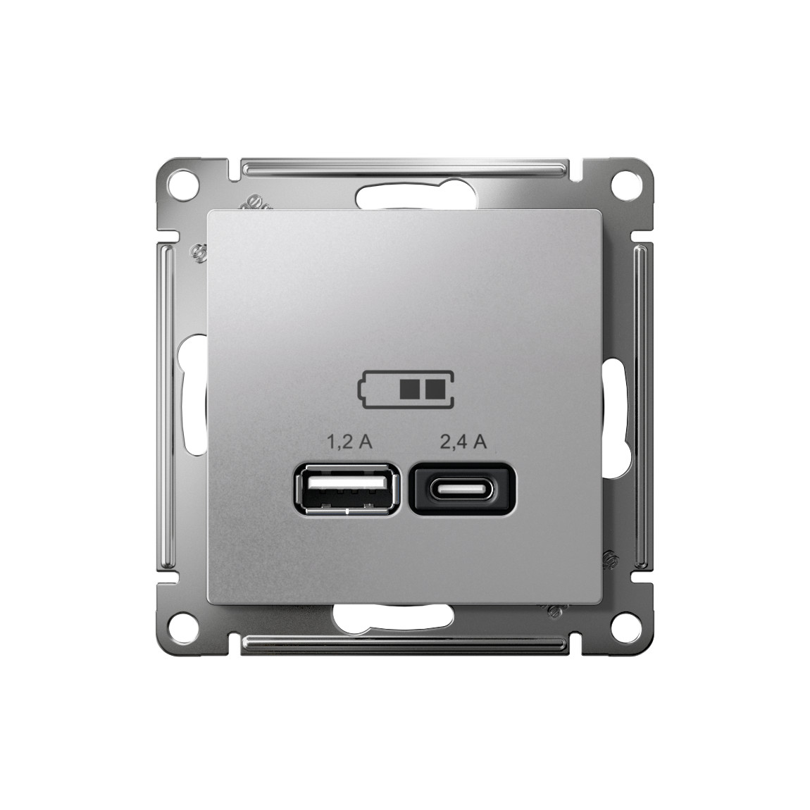 systeme electric atlasdesign, розетка 2xusb (1.2a/2.4a) типы a и c для зарядки алюминий atn000339