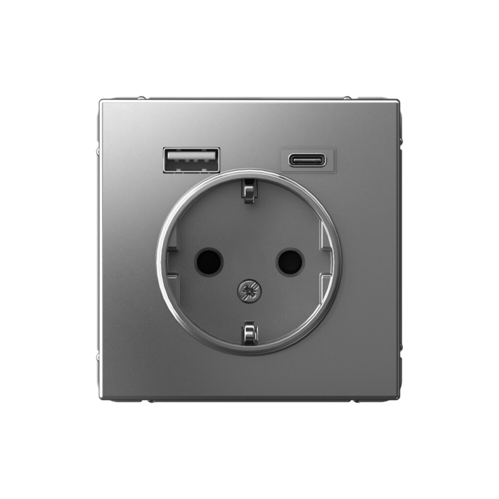 System Electric ArtGallery розетка 1-я с заземлением со штор., с USB+USB type C, сталь GAL000932
