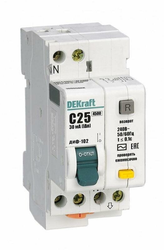 дифавтомат dekraft диф-102 1p+n 25а (c) 4.5 ка, 30 ма ( ac ), 16005dek