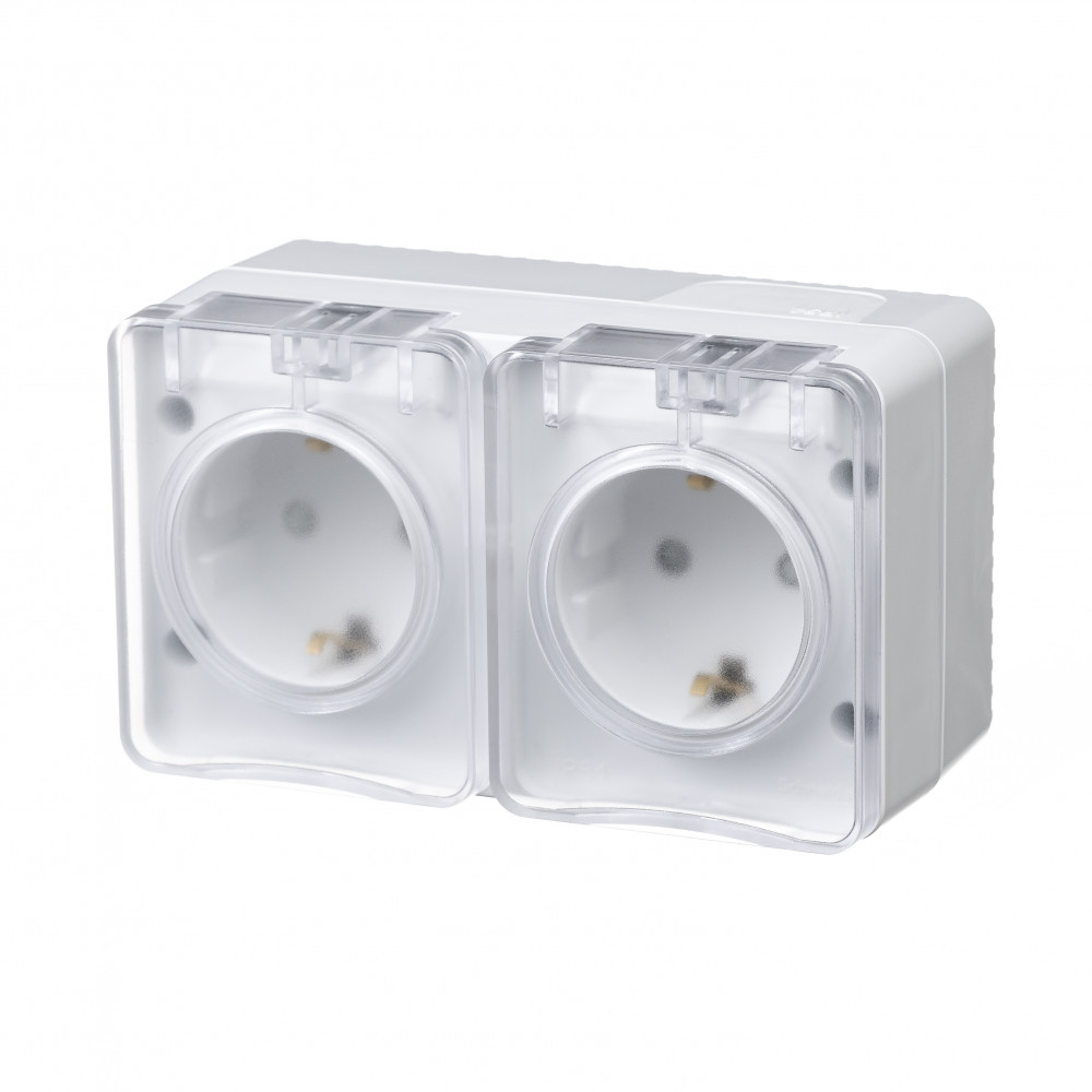 atlasdesign profi54 о/у розетка 2-ая с заземлением со шторками 16а 250b белый ip54 atn540126
