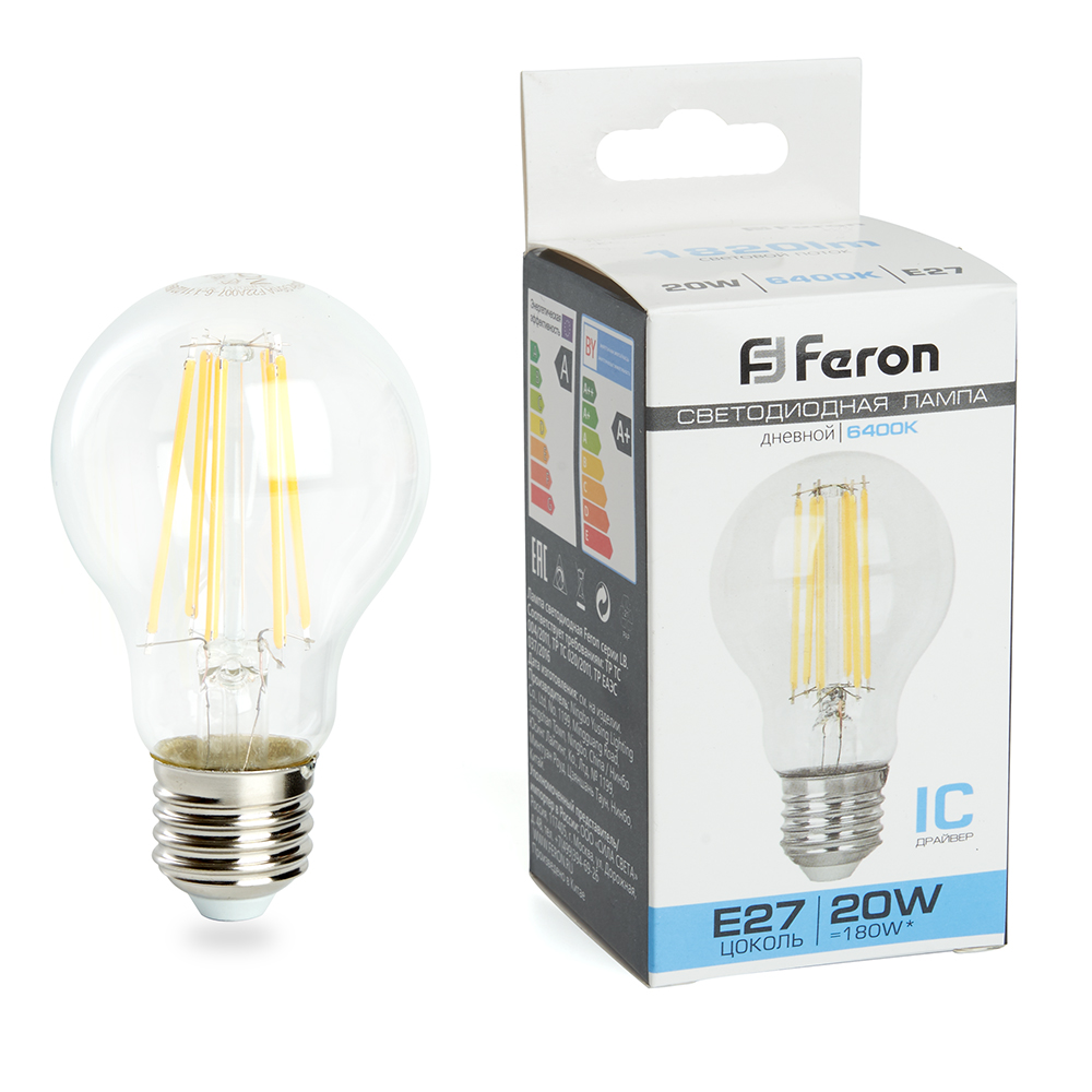 Лампа светодиодная классическая филамент A60 LB-620 Шар E27 20W 175-265V 6400K Feron 48285