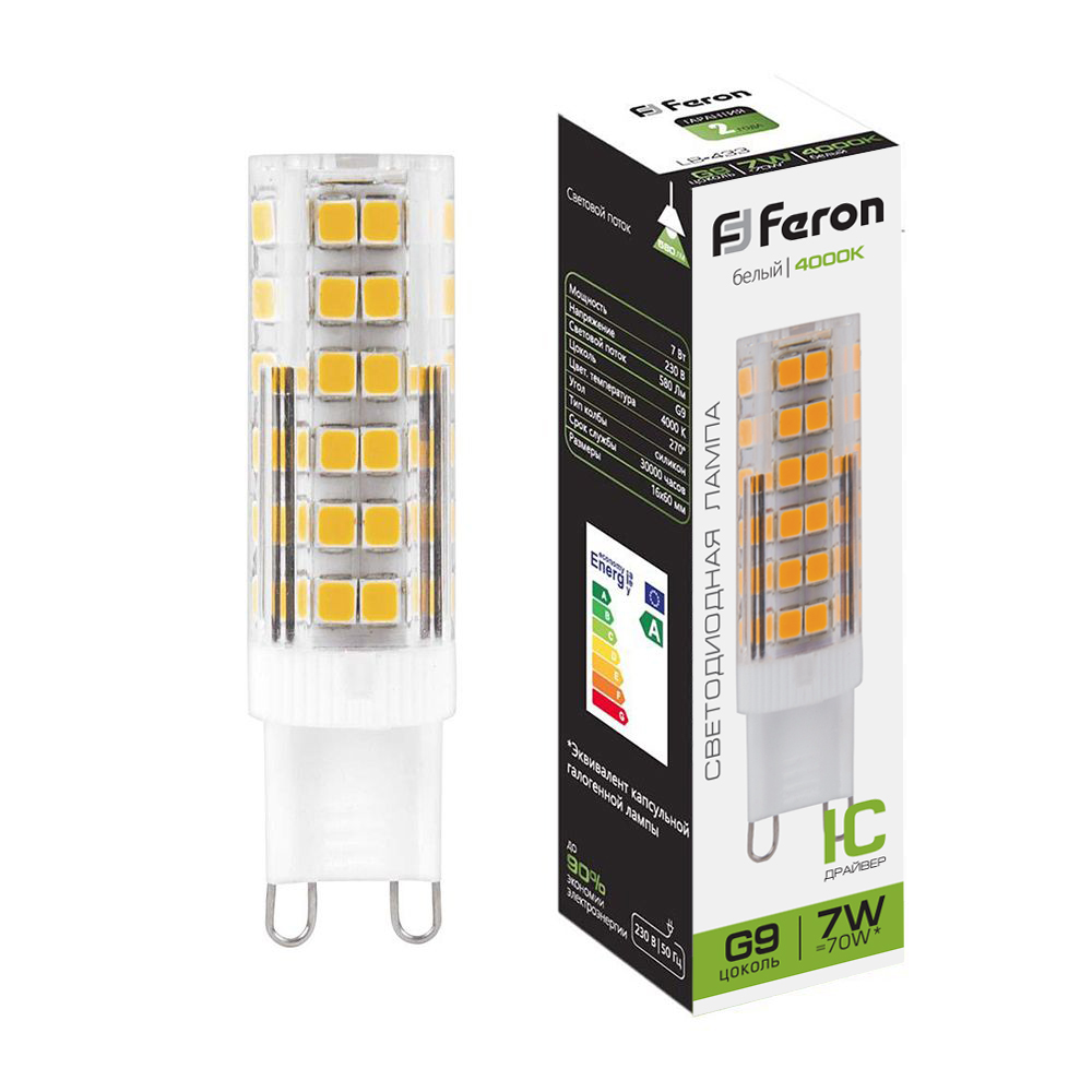 Лампа светодиодная LB-433 G9 175-220V 7W 4000K кукуруза Feron 