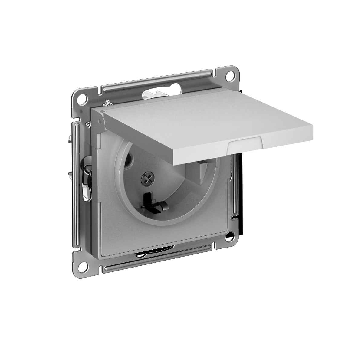 systeme electric atlasdesign, розетка 1-я с заземлением со шторками с крышкой ip20 алюминий atn00034