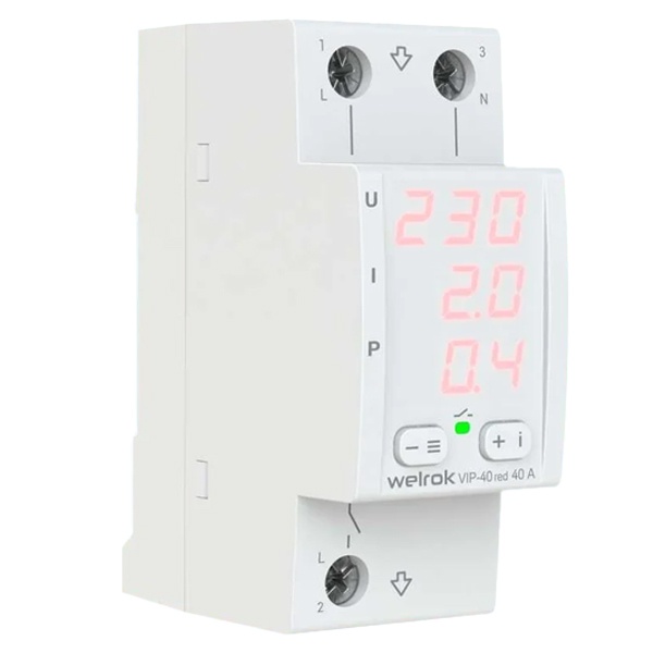 Многофункциональное реле контроля напряжения и тока Welrok VIP-40 red 1Ф 40А (max 50A) 9200ВА белый 4660251140304