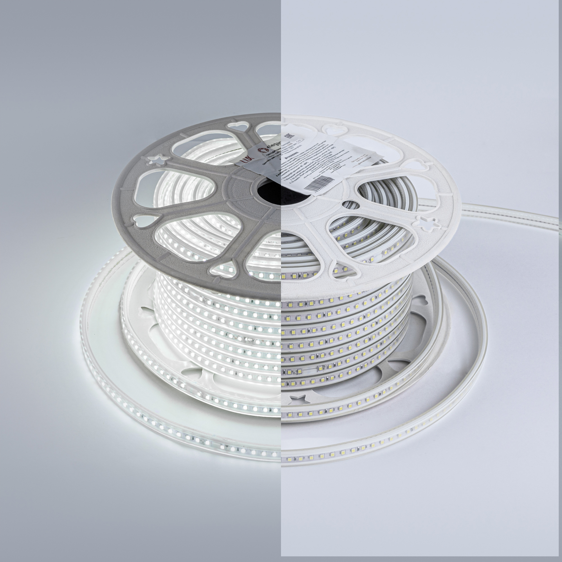 лента led 220v 9,6вт 6000k 120led/1м 3535 9х5,5мм, ip-65, шаг резки 10см,(катушка-50м) eleganz