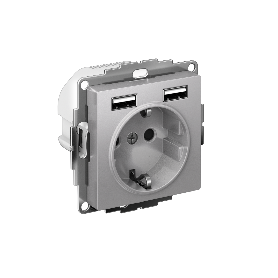 Systeme Electric ATLASDESIGN, розетка с заземлением 16А с 2xUSB для зарядки алюминий ATN000330