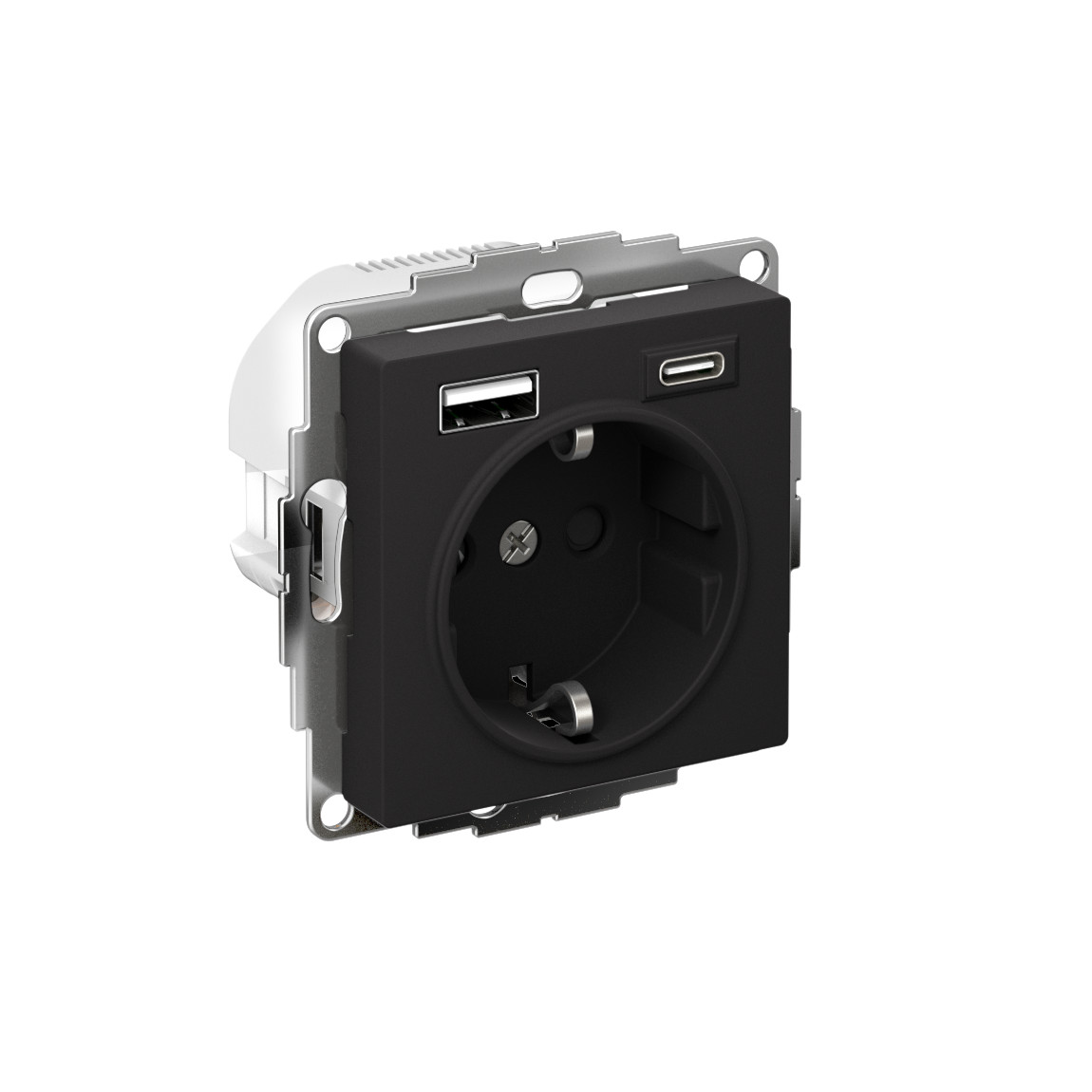 systeme electric atlasdesign розетка с заземлением 16а+2usb а+с, (5в/2,4а/3 а, 2х5в/1,5а) карбон  