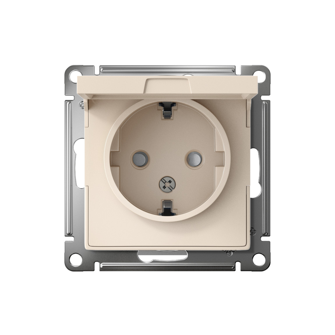systeme electric atlasdesign, розетка 1-я с заземлением со шторками с крышкой ip20 бежевый atn000246