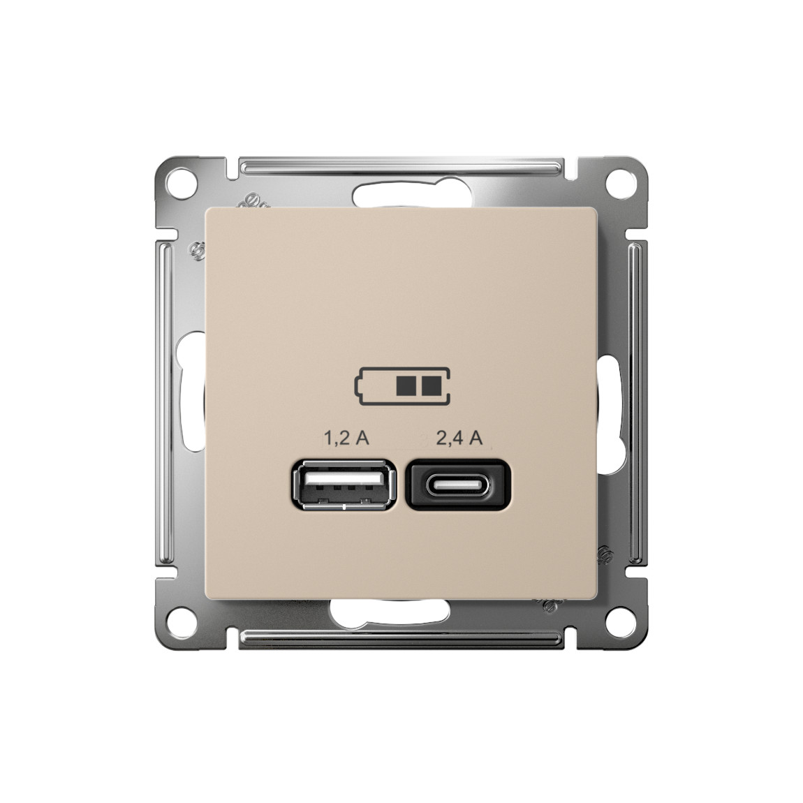 systeme electric atlasdesign розетка 2xusb (1.2a/2.4a) типы a и c для зарядки песочный
