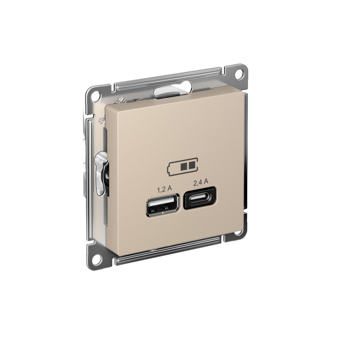 systeme electric atlasdesign розетка 2xusb (1.2a/2.4a) типы a и c для зарядки песочный