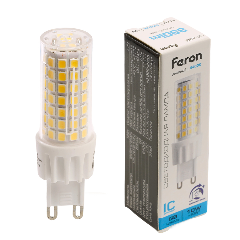 лампа светодиодная диммируемая feron lb-438 g9 10w 175-265v 6400k кукуруза