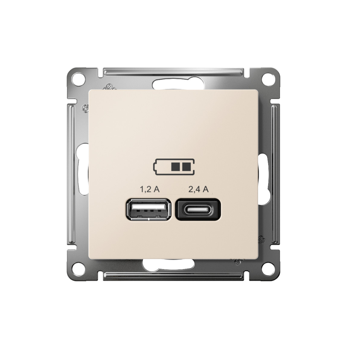 systeme electric atlasdesign, розетка 2xusb (1.2a/2.4a) типы a и c для зарядки бежевый atn000239
