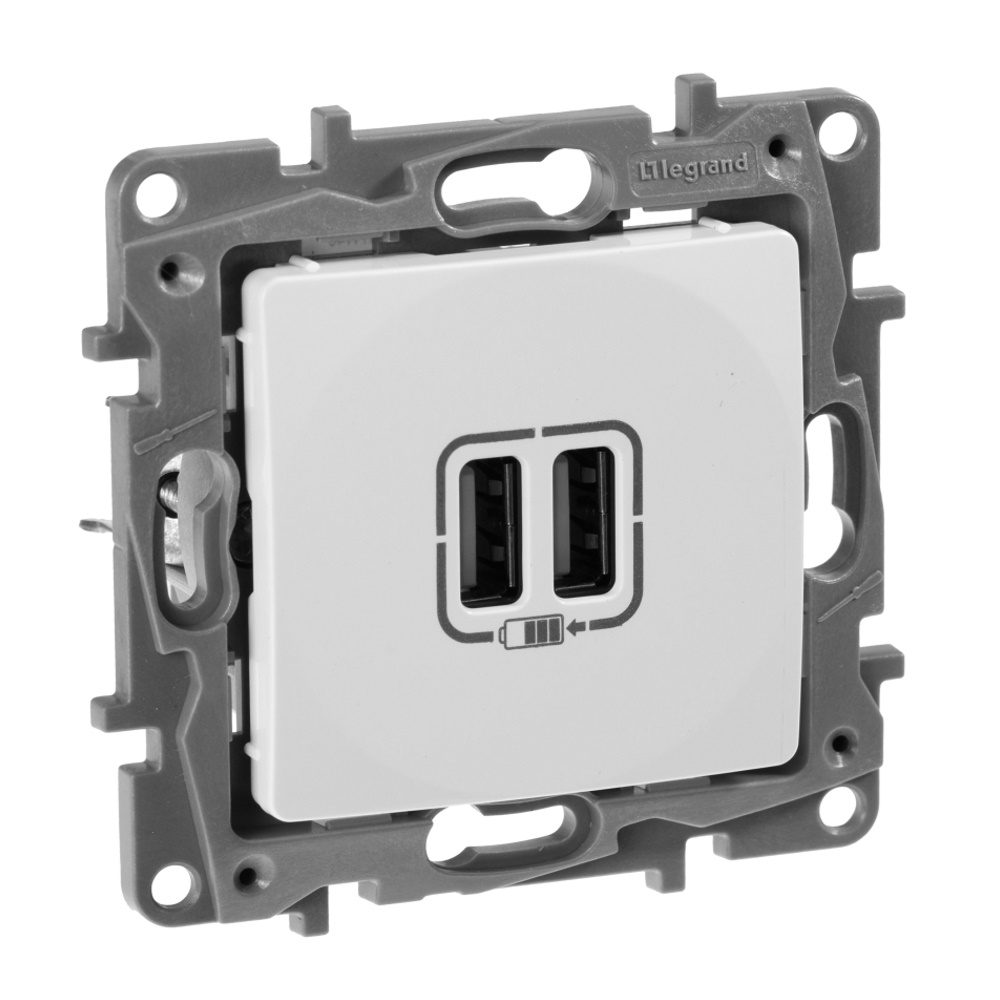 legrand etika зарядное устройство с двумя usb-разьемами 240в/5в 2400ма белый