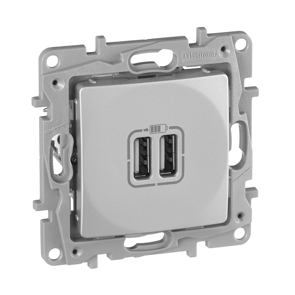 legrand etika зарядное устройство с двумя usb-разьемами 240в/5в 2400ма алюминий
