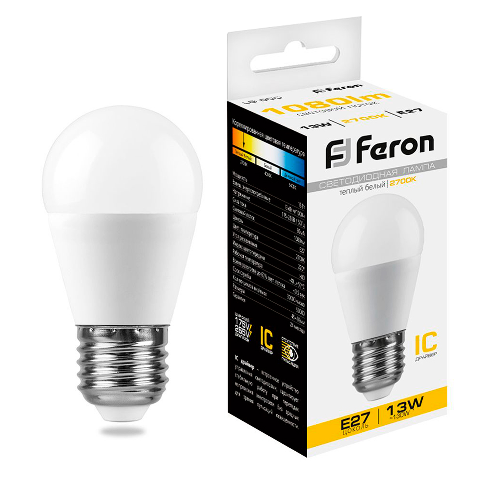 Лампа светодиодная шар матовый G45 LB-950 13W 230V E27 2700K Feron 