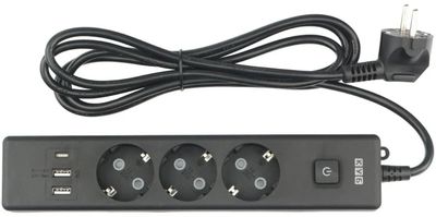 Удлинитель 1,9м, 3р с/з, с вык. 16А, 3USB, черный Pover Cube