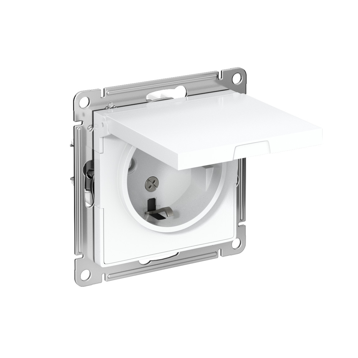 systeme electric atlasdesign, розетка 1-я с заземлением со шторками с крышкой ip20 белый atn000146