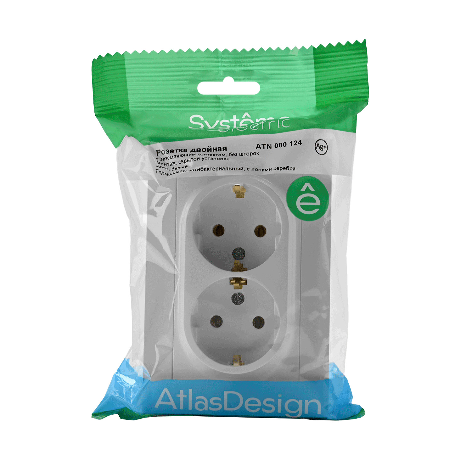 systeme electric atlasdesign, розетка 2-я с заземлением белый atn000124