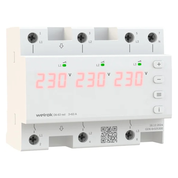 Реле контроля напряжения Welrok D6-63 red 3Ф 3х63А (max 3х80A) 3х14490ВА белый 6м 4660251140410
