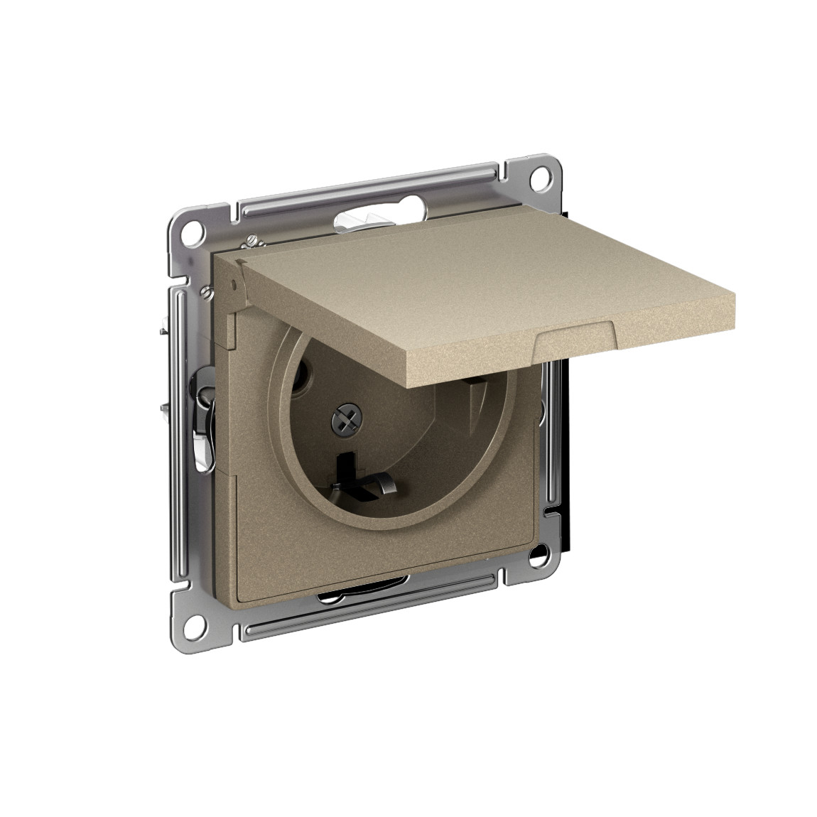 systeme electric atlasdesign розетка 1-я с заземлением со шторками с крышкой ip20 шампань