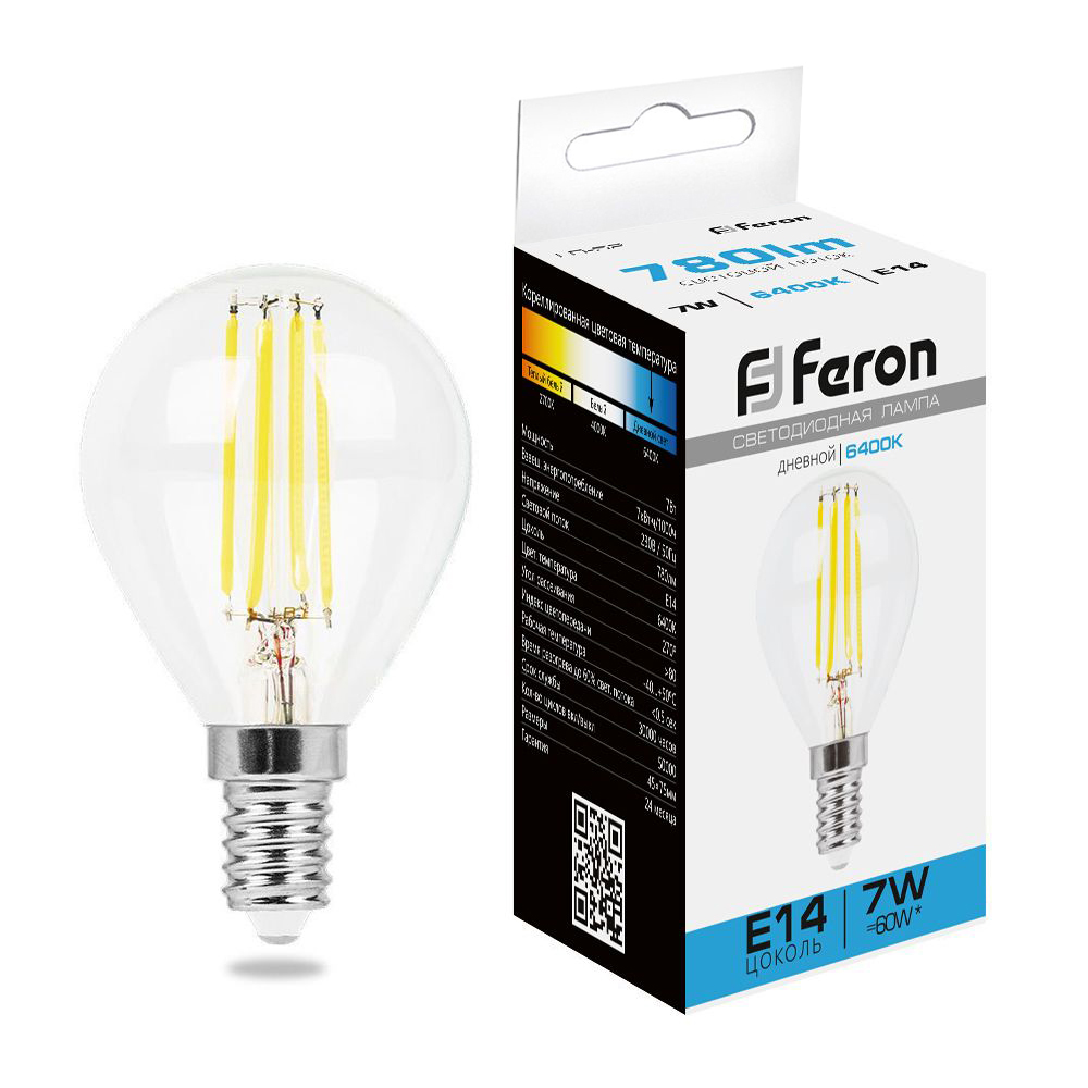 лампа светодиодная шарик филамент прозрачный g45 lb-52 e14 7w 230v 6400k feron