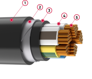 1 - Оболочка
2 - Броня из стальных оцинкованных лент
3 - Разделительный слой
4 - Изоляция
5 - Токопроводящая жила  
Кабель силовой с изолированными медными жилами  с разделительным слоем из ПВХ пластиката и броней из стальных оцинкованных лент с защитным 
