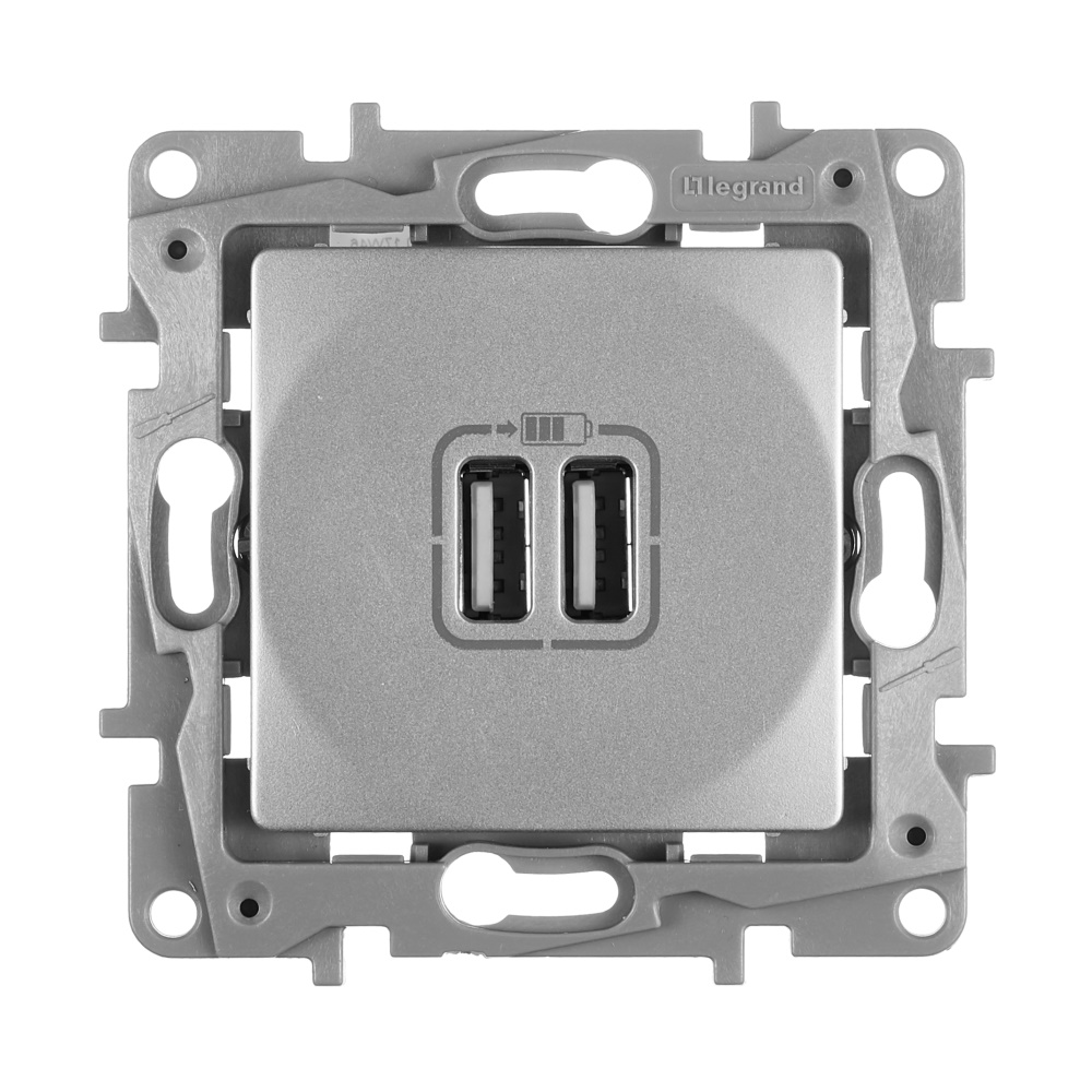 legrand etika зарядное устройство с двумя usb-разьемами 240в/5в 2400ма алюминий