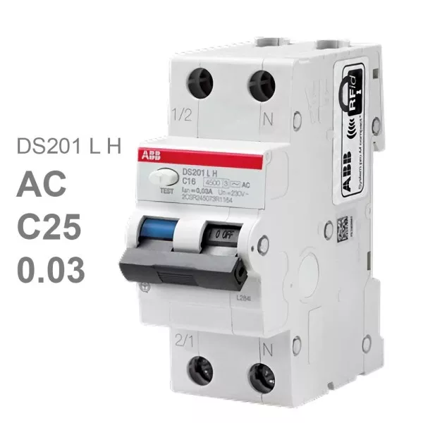 ABB дифференциальный автоматический выключатель DS201 LH 1P+N 25А 30мА-4,5kA-230В 2CSR245073R1254