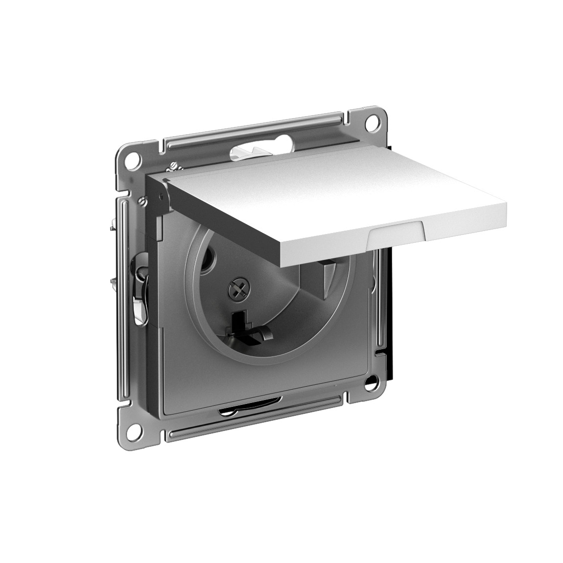systeme electric atlasdesign розетка 1-я с заземлением со шторками с крышкой ip20 сталь