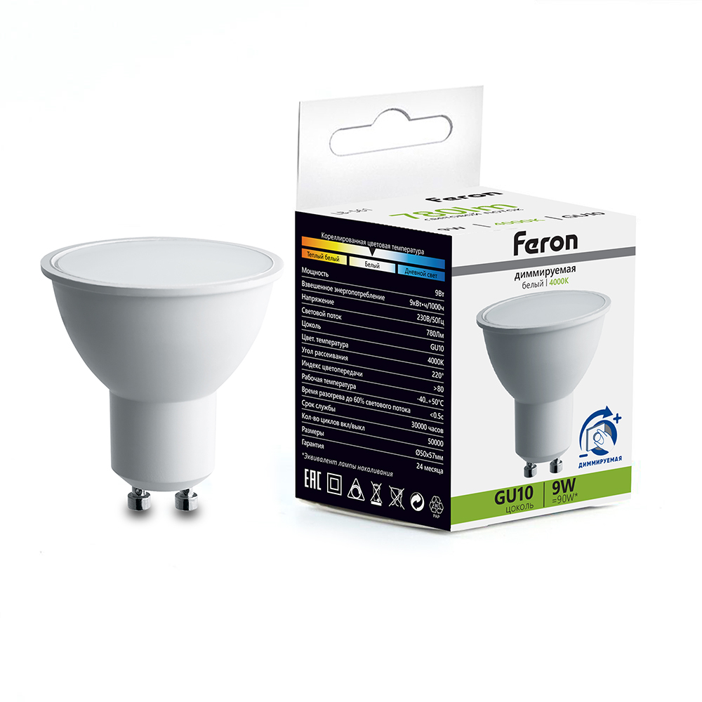лампа светодиодная диммируемая feron lb-561 mr16 gu10 9w 230v 4000k