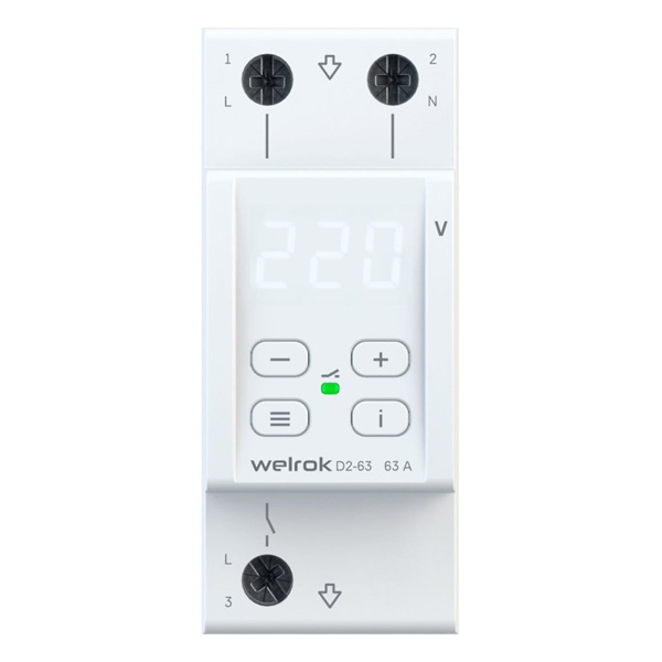Реле контроля напряжения Welrok D2-63 1Ф 63А (max 80A) 13900ВА 4 клеммы белый 2м 4660251141301