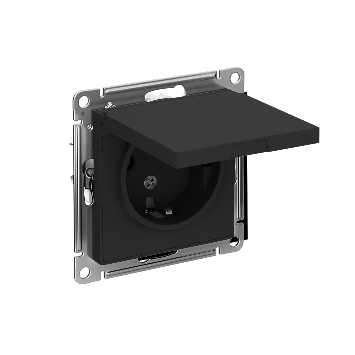 Systeme Electric ATLASDESIGN розетка 1-я с заземлением со шторками с крышкой IP20 карбон