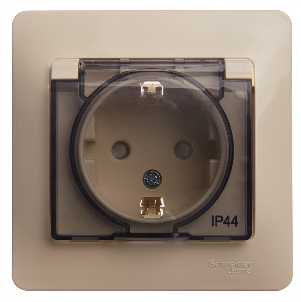 system electric glossa розетка 1-я с заземлением со шторками с крышкой ip44 бежевый