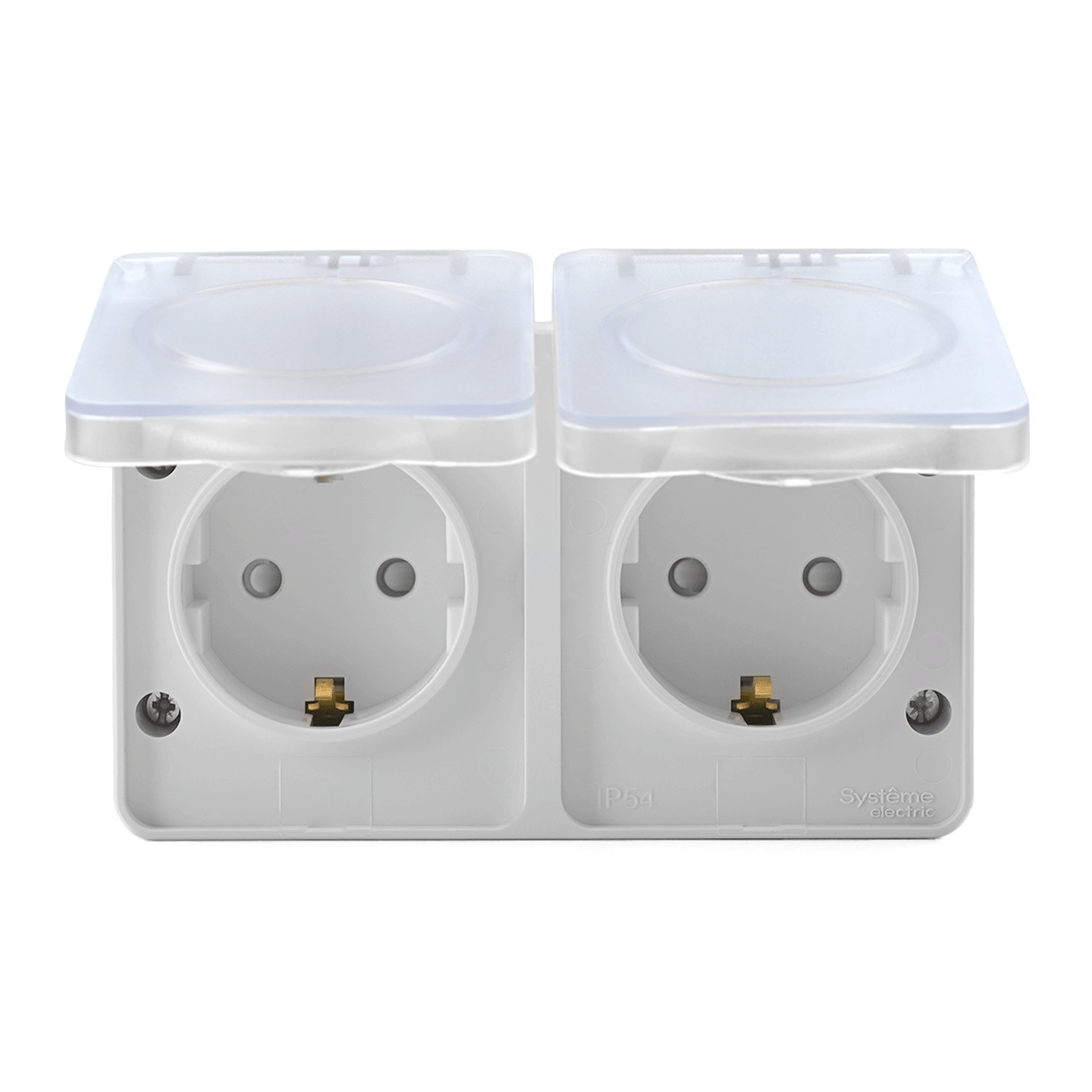 atlasdesign profi54 о/у розетка 2-ая с заземлением со шторками 16а 250b белый ip54 atn540126