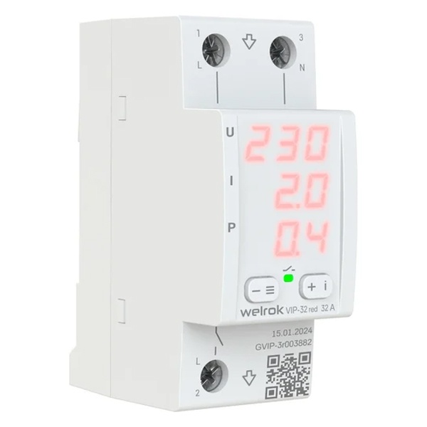 Многофункциональное реле контроля напряжения и тока Welrok VIP-32 red 1Ф 32А (max 40A) 7360ВА белый 4660251140502