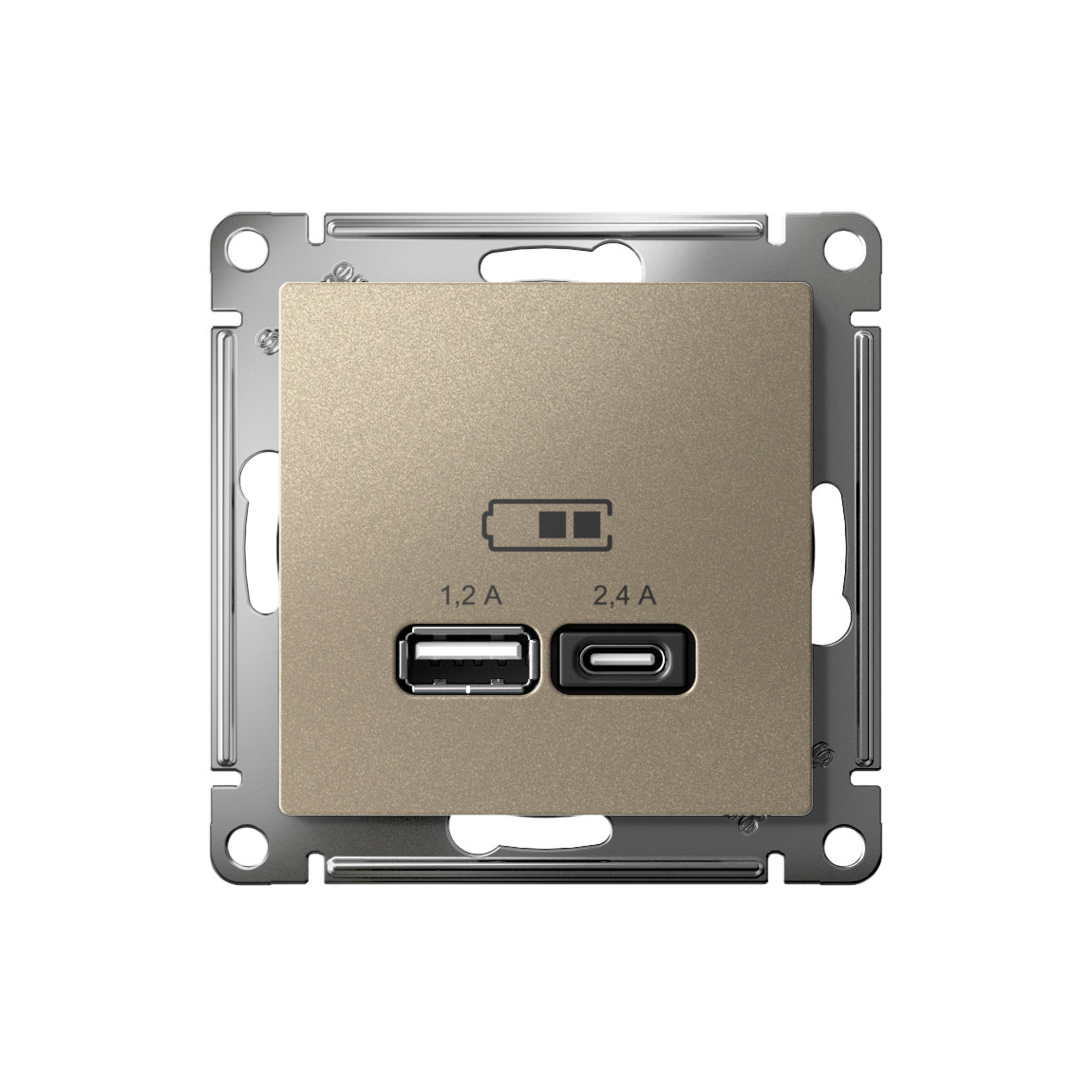 systeme electric atlasdesign розетка 2xusb (1.2a/2.4a) типы a и c для зарядки шампань