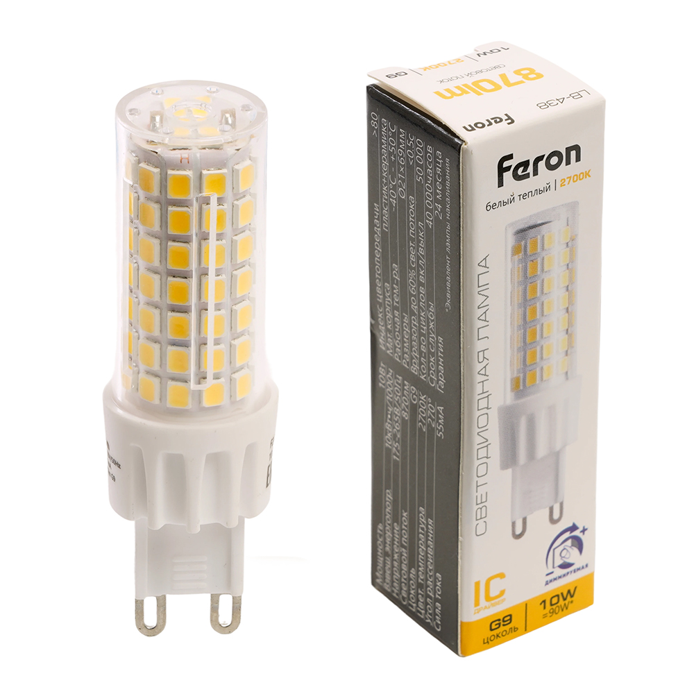 Лампа светодиодная диммируемая Feron LB-438 G9 10W 175-265V 2700K кукуруза