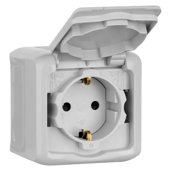 Legrand Quteo IP-44 розетка 1-я с заземлением с крышкой (со шторками) серая