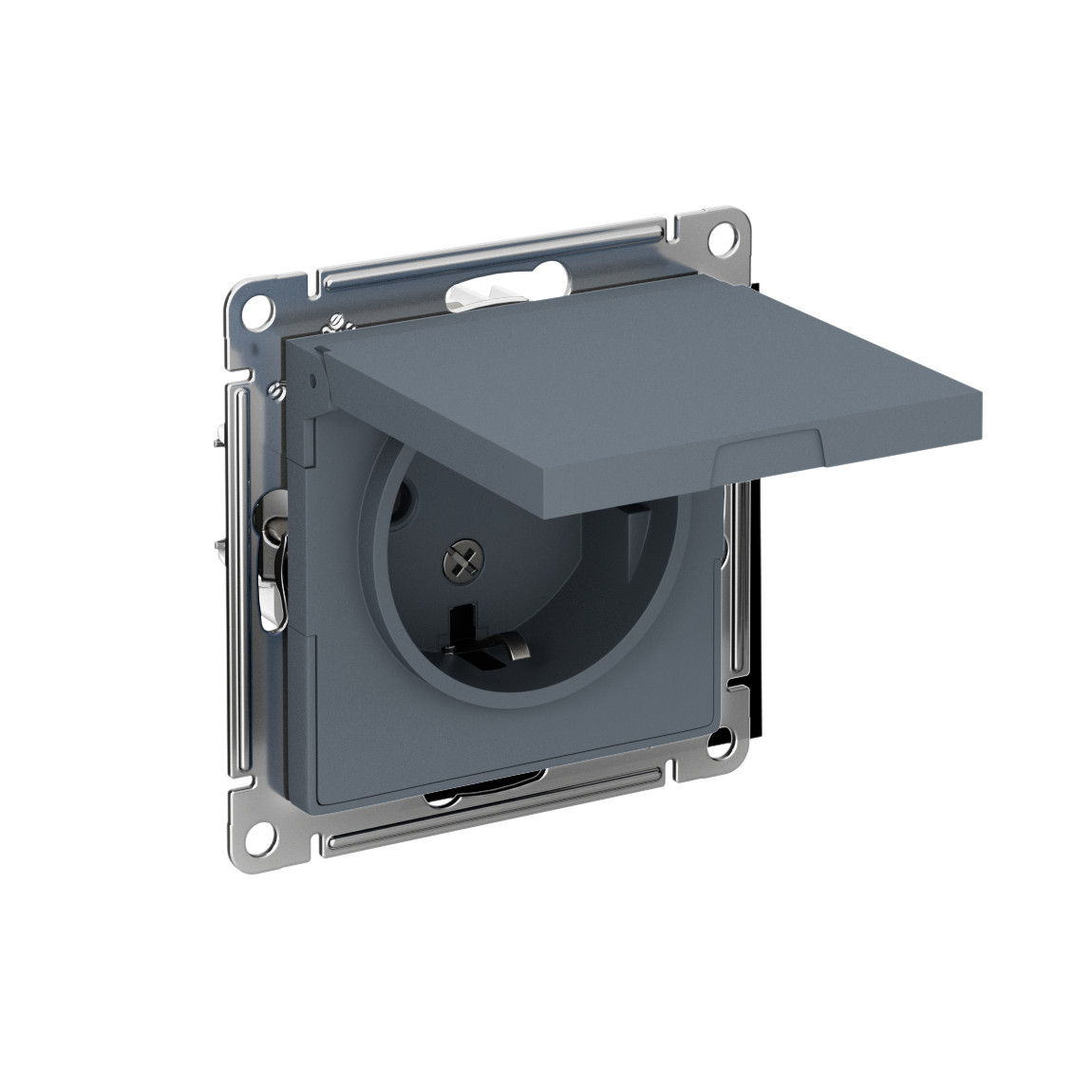 systeme electric atlasdesign, розетка 1-я с заземлением со шторками с крышкой ip20 грифель