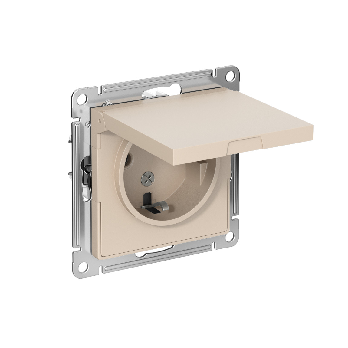 systeme electric atlasdesign розетка 1-я с заземлением со шторками с крышкой ip20 песочный