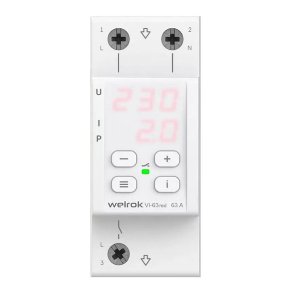 Многофункциональное реле контроля напряжения и тока Welrok VI-63 red 1Ф 63А (max 80A) 13900ВА белый 4660251140281