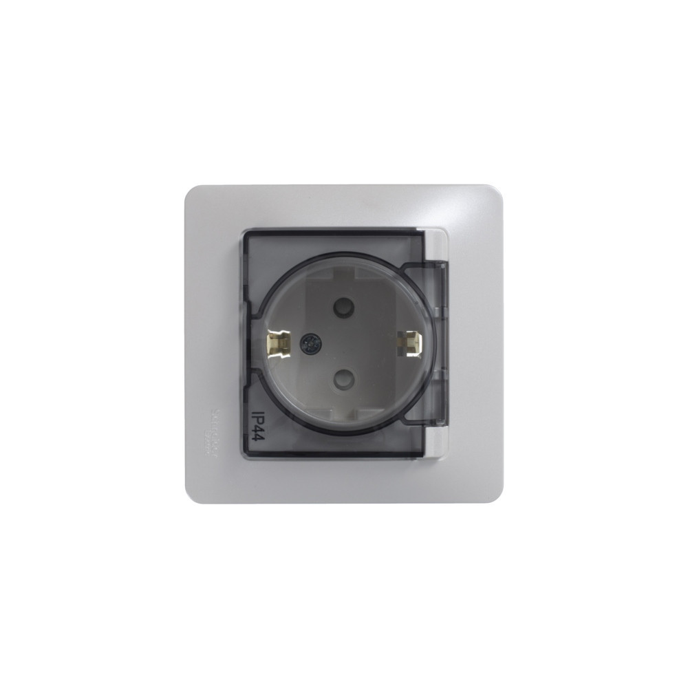 system electric glossa розетка 1-я с заземлением со шторками с дымчатой крышкой ip44 перламутр
