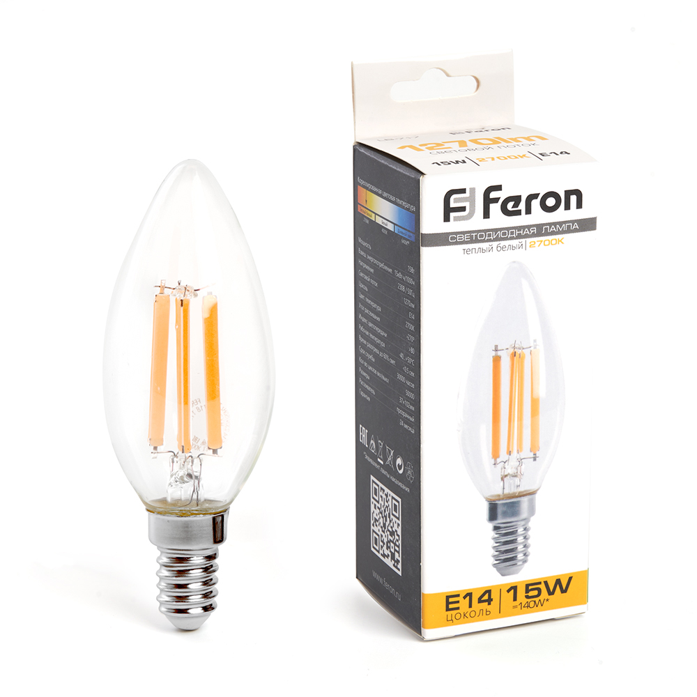 Лампа светодиодная C35 свеча филамент прозрачная стекло LB-717 E14 15W 230V 2700K Feron 38256